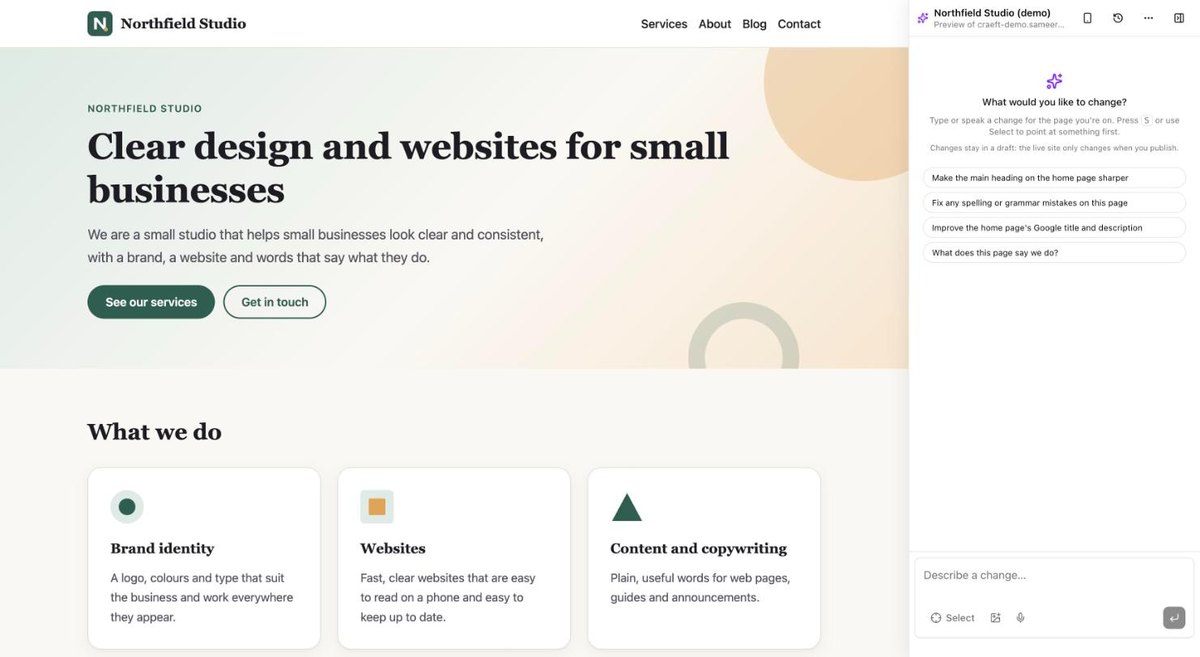 A website with the Craeft editor open beside it: a request to change the page, and the change shown in place.